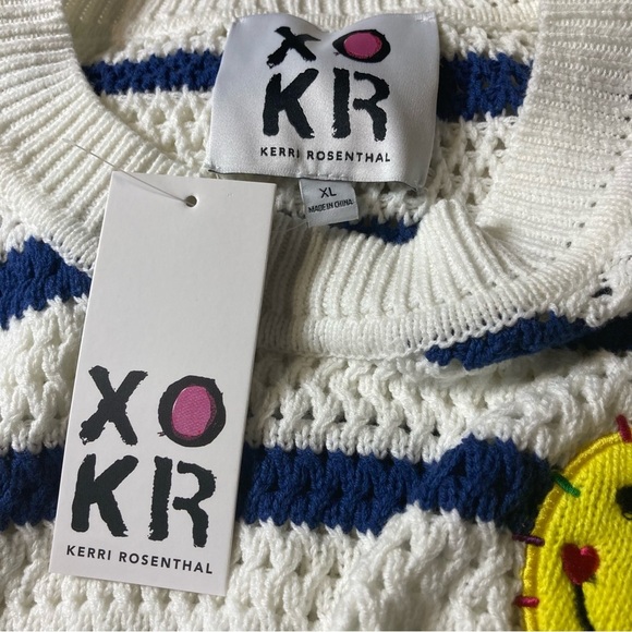 Kerri Rosenthal Smiley Face Sweater with Blue and Yellow Stripes | Anthropologie - Picture 8 of 11